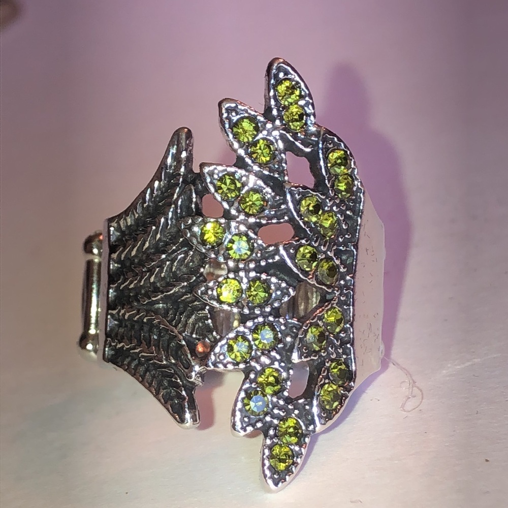 Silver Tone Green Crystal Leaf Statement Ring